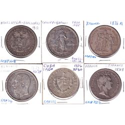 1831B France 5 Francs, 1873 Belgium 5 Francs, 1876A France 5 Francs, 1905 Philippines one Pesos, 191