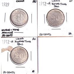 Lot of 3x 1912-14 & 1929 China 20-cents: 2x 1912-14 China Kwang Tung Province one in EF the other in
