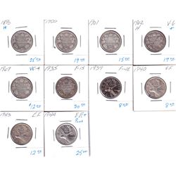 10x Canada Silver 25-cents dated between 1890-1944. Dates include: 1890, 1900, 1901, 1902, 1907, 193