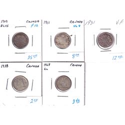 5x Canada 10-cents: 1909 Broad Leaves, 1911, 1931, 1938 & 1968. 5pcs