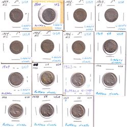 1899 to 1909 United States Buffalo & Liberty 5-cents. 15pcs