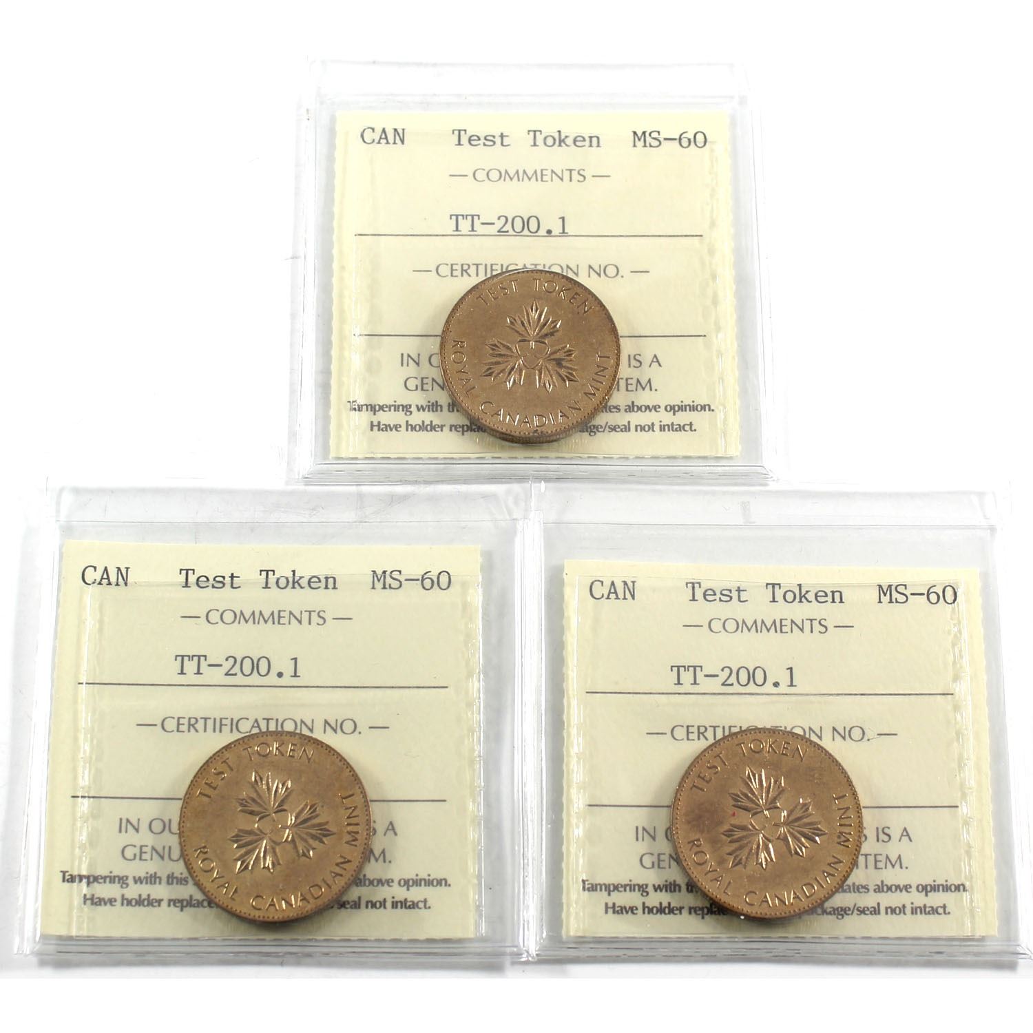 Test Token Canada TT-200.1 ICCS Certified MS-60. 3pcs