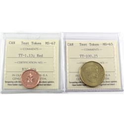 Test Token Canada TT-1.13 ICCS Certified MS-67 & Test Token TT-100.25 ICCS Certified MS-65. 2pcs