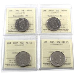 4x Canada 50-cents: 1995 MS-67 NBU, 2005P MS-67 NBU, 2007 MS-65 & 2015 MS-65. 4pcs