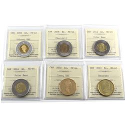 6x Canada Loon Dollar & Two Dollar ICCS Certified: 2002 $1 PF-66, 2012 Security $1 MS-63, 2002 $2 PF