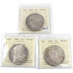 Group Lot 3x Silver $1, 1963, 1966 Lg Bds, & 1967. All coins ICCS Certified MS-64. All coins light t