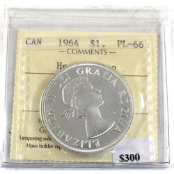Silver $1 1964 P.E.I Commemorative ICCS Certified PL-66 Heavy Cameo! Full white mirror coin!