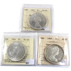 Group Lot 3x Silver $1, 1962 PL-65 HC, 1964 PL-65, & 1967 SP-62 HC. All coins ICCS Certified. 3pcs