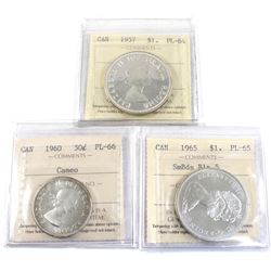 Group Lot Canada Silver Coins: 1957 $1 PL-64, 1965 SmBds Blt 5 $1 PL-65, & 1960 50-cent PL-66 Cameo.