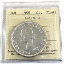 Silver $1 1955 ICCS Certified PL-64. Bright coin with soft cameo accents.