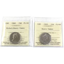 25-cent 1968 Nickel & 1969 ICCS Certified PL-66 Heavy Cameo. 2pcs