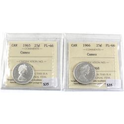 25-cent 1965 & 1966 ICCS Certified PL-66 Cameo! Bright attractive coins!  2pcs