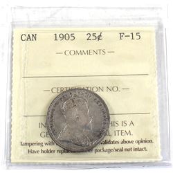 25-cent 1905 ICCS Certified F-15 Nice Mid-grade coin with light natural tones.