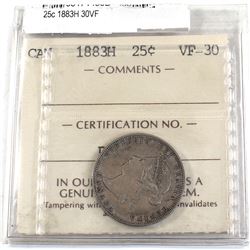 25-cent 1883H ICCS Certified VF-30! Old style embossed 2 letter holder.