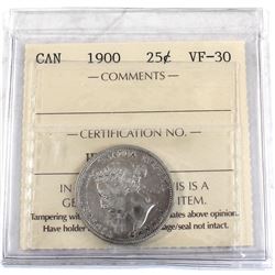 25-cent 1900 ICCS Certified VF-30. Bright coin throughout.