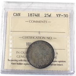 25-cent 1874H ICCS Certified VF-30
