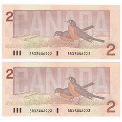 Set of 2x 1986 $2 Sequential BRX Replacement Notes: BC-55cA Bonin-Theissen S/N: BRX3446222/223. Both