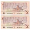 Image 1 : Set of 2x 1986 $2 Sequential BRX Replacement Notes: BC-55cA Bonin-Theissen S/N: BRX3446222/223. Both