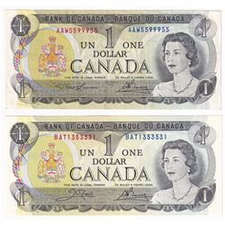 2x 1973 $1 Radar Banknotes, Lawson-Bouey AAW5599955 Circ. & Crow-Bouey BAT1353531 UNC.  2pcs