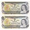 Image 1 : 2x 1973 $1 Radar Banknotes, Lawson-Bouey AAW5599955 Circ. & Crow-Bouey BAT1353531 UNC.  2pcs
