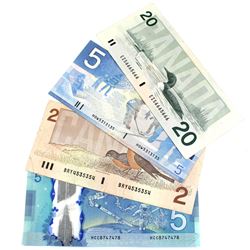 Lot of 4x Radar Banknotes. Lot includes 1986 $2 BRY4535354, 2002 $5 HOW5313135, 2013 $5 HCC8747478 &
