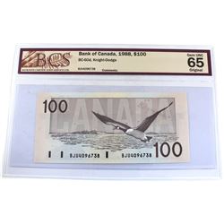 1988 Bank of Canada $100, Knight-Dodge S/N: BJU4096738 BCS Certified GEM UNC-65 Original!