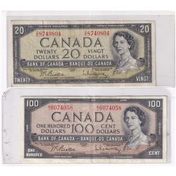 Estate Lot of 2x 1954 Modified Banknotes. Lot includes a $20 S/N: Z/E8749804 Fine, and a $100 B/J607