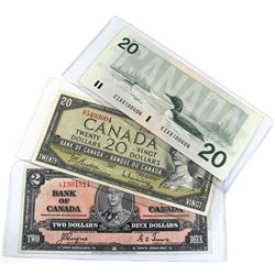 Estate Lot of 3 Banknotes. Lot includes a 1937 $2 Coyne-Towers S/N: L/R1901911 VF, 1954 Modified $20