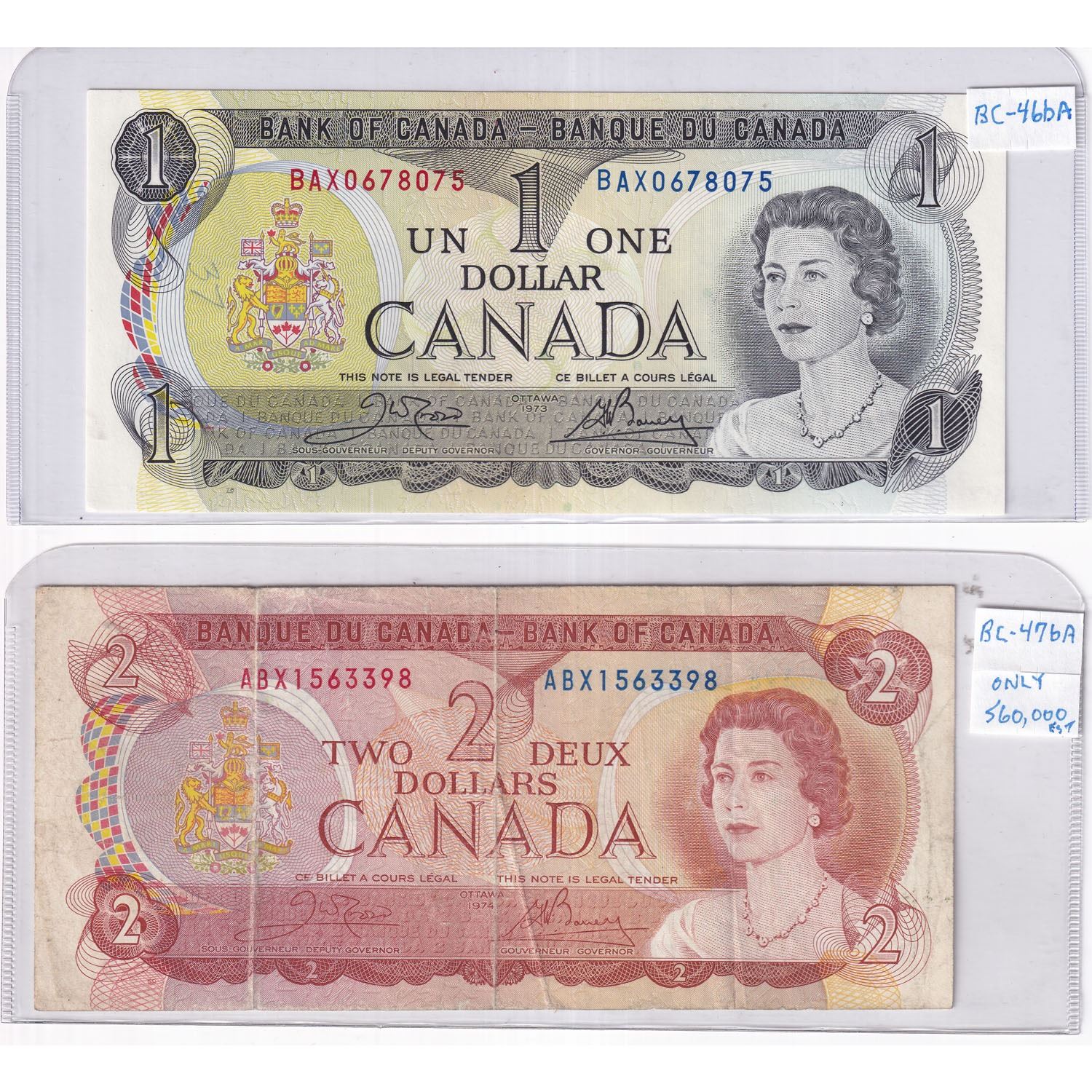 Pair of Replacement Banknotes. Lot includes a 1973 $1 BAX0678075 in UNC ...
