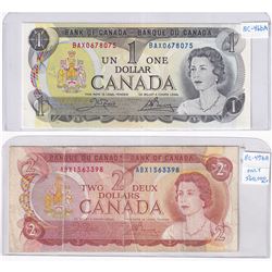 Pair of Replacement Banknotes. Lot includes a 1973 $1 BAX0678075 in UNC & 1974 $2 ABX1563398 in Circ