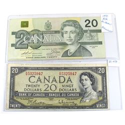 Lot of 2x Bank of Canada $20 Bills, 1x 1954 Modified S/N: A/W5325947 & 1991 AIX1021437 replaceme