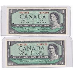 Pair of Sequential 1954 Bank of Canada $1 Modified Banknotes. Beattie-Rasminsky S/N: J/Y1075192/191.