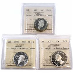 1995 Puffins, 2001 Quebec, 2003 Coronation Canada 50-cent ICCS Certified PF-68 Silver; Ultra Heavy C