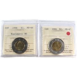 1998 & 2001 Canada Silver $2 ICCS Certified PF-68 Ultra Heavy Cameo. 2pcs.