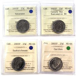 4x 2005P Canada 25-cent ICCS Certified MS-66/67 - 2005P Veterans, 2005P Canada Day Coloured MS-67 NB