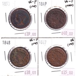 4x USA Large 1-cents. Lot includes 1847, 1848, 1849, & 1850. All coins are VG but have some impairme