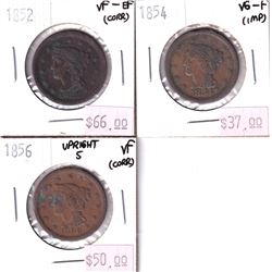 3x USA Large 1-cents. Lot includes 1852 VF-EF, 1854 VG-F, 1856 VF. All coins have some impairments.