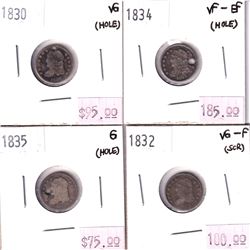 4x USA Silver 5-cents. Lot includes 1830 VG, 1832 VG-F, 1834 VF-EF, & 1835 G. All coins have been ho