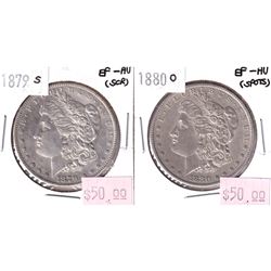 2x USA Morgan $1. Lot Includes 1879-S EF-AU & 1880-O EF-AU. Coins have some minor scratches.