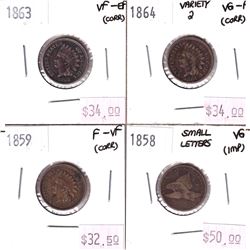 4x USA 1-cents. Lot includes 1863 VF-EF, 1864 Variety 2 VG-F, 1859 F-VF, & 1858 Small Letters VG. Co