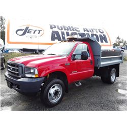 0C --  2003 FORD F450 SUPER DUTY DUMP TRUCK, RED, 254,125 KMS