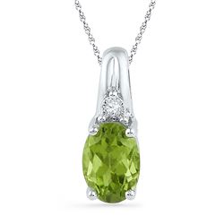 Oval Lab-Created Green Peridot Solitaire Diamond Pendant 1.00 Cttw 10kt White Gold