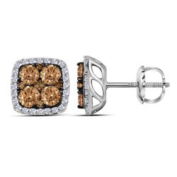 Round Brown Diamond Square Cluster Earrings 1.00 Cttw 14kt White Gold