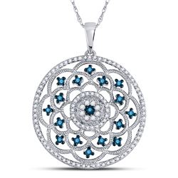 Round Blue Color Enhanced Diamond Circle Pendant 1/2 Cttw 10kt White Gold