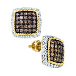 Round Brown Diamond Square Rope Frame Earrings 1-1/4 Cttw 10kt Yellow Gold