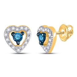 Round Blue Color Enhanced Diamond Heart Stud Earrings 1/5 Cttw 10kt Yellow Gold