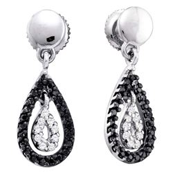 Round Black Color Enhanced Diamond Teardrop Dangle Earrings 1/3 Cttw 14kt White Gold