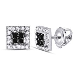 Round Black Color Enhanced Diamond Square Cluster Screwback Earrings 1/3 Cttw 10kt White Gold