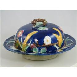 Majolica Cobalt Wheat  Daisy behind Fence Butter Dish