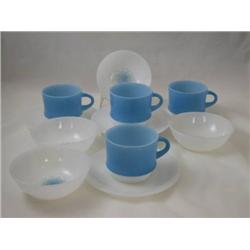Fire King Blue Mosaic Cups Saucers Berry Bowl